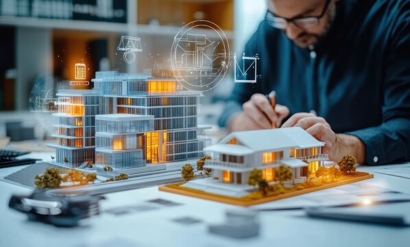 architect at desk sketching next to illuminated scale models of a modern apartment building and a suburban house with miniature trees and digital design overlays, focused and creative