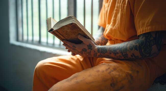 tattooed inmate in orange uniform sitting by barred window reading a worn book with a quiet contemplative mood