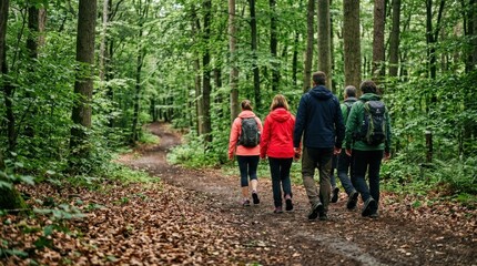 Fototapeta premium Diverse group of four active hikers with backpacks walking away along a scenic dirt path through a lush green forest.