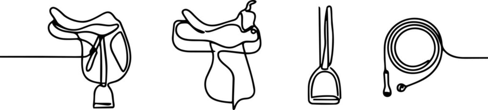 Equestrian tack of saddles and stirrup with rope in continuous line art style