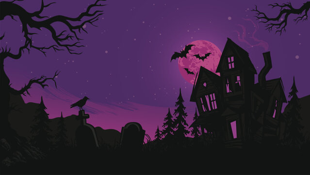 Halloween party banner with silhouetted dead tree, bats, haunted mansion, graveyard and violet sky background have blank space.