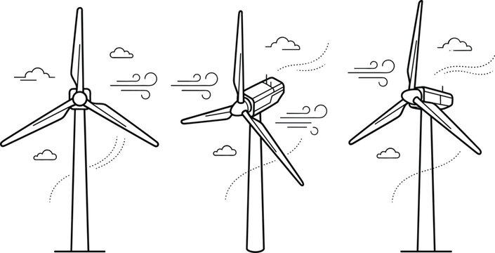 Wind turbine green energy doodle vector set with renewable power generators breeze blowing clouds and ecology line art icons
