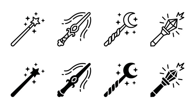 Collection of magical wands and staffs icons in outline and solid vector styles with collection illustration equipment