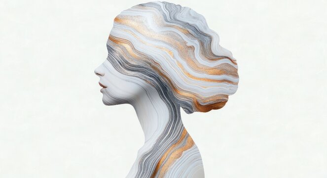 marbled female profile bust with gray and gold striations and a blurred square over the face, serene minimalist silhouette