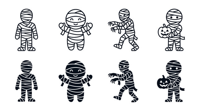 Cartoon character mummy icons for halloween in outline and silhouette with halloween character illustration childish