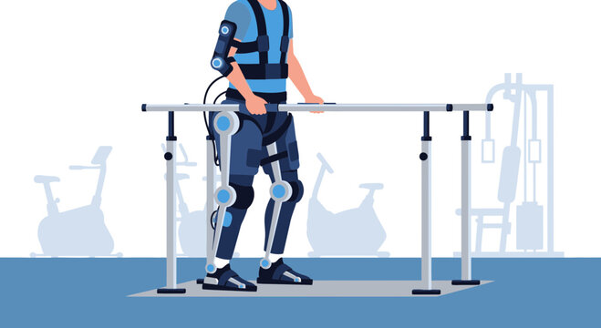 Man in exoskeleton suit walking with parallel bars, rehabilitation and technology