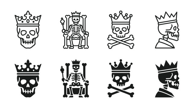 Collection of royal skeleton king head icons wearing crowns in various poses and styles linear and solid silhouettes