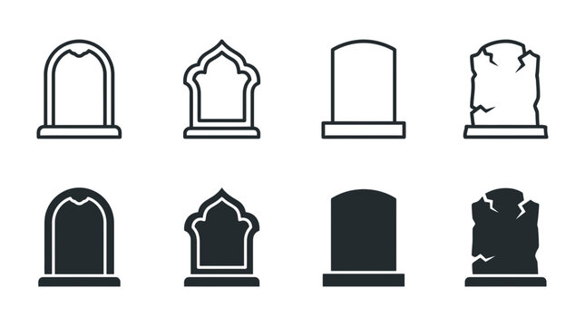 Tombstone and burial headstone icons in minimalist line art and solid black silhouette grave designs with tombstone