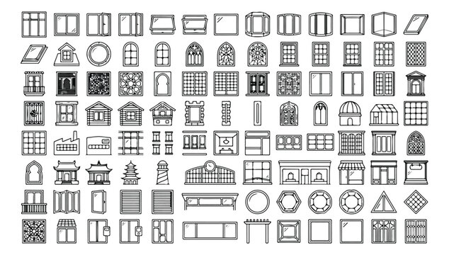 Minimalist window line icons set, architectural glass frames and building exterior elements, black outline house window vector collection