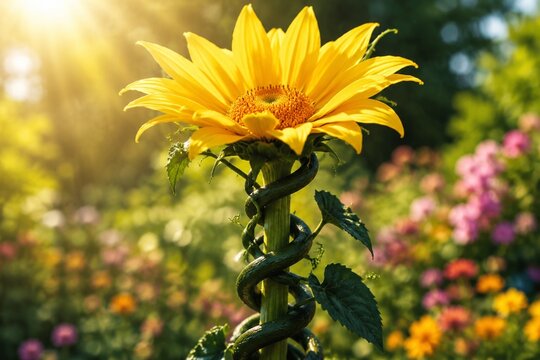 A dark green vine twisting around a bright flower stem in a sunlit garden.