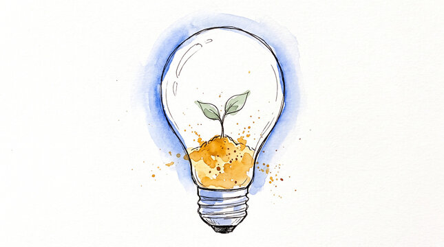 Blue green watercolor ink seedling growing inside lightbulb, representing business ideas taking root, innovation nurturing, creative growth and entrepreneurial concept