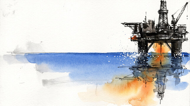 Blue amber watercolor ink oil rig on calm sea, representing business deep value extraction, resource discovery, strategic depth and uncovering hidden potential concept