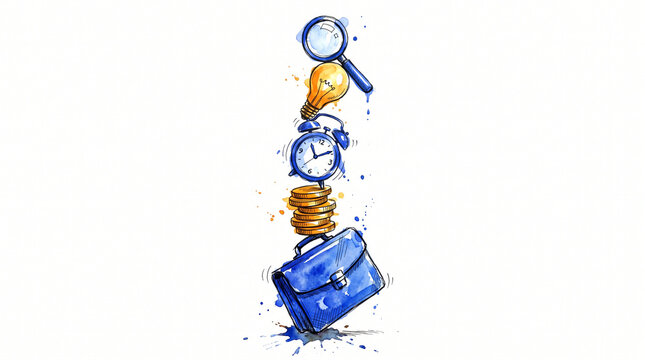 Blue amber watercolor ink impossible balancing stack of business objects, representing defying limits, achieving the impossible, business agility and creative problem solving