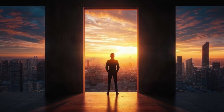 silhouetted man in a suit standing in a high-rise doorway overlooking a sunlit city skyline at sunset, evoking ambition and quiet contemplation