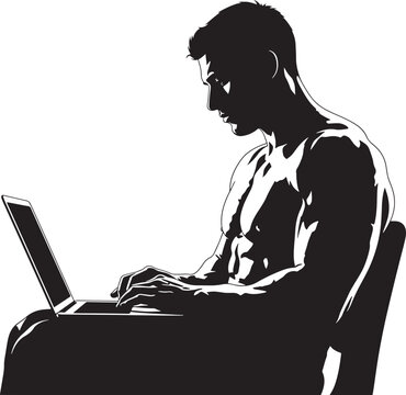 Silhouette of a muscular man working on a laptop computer