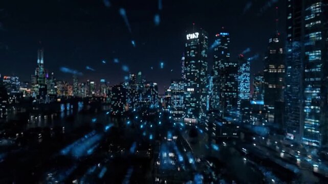 Digital global network glowing blue cloud data streams flowing through futuristic cityscape with dynamic light trails and illuminated skyscrapers showcasing advanced technology connectivity