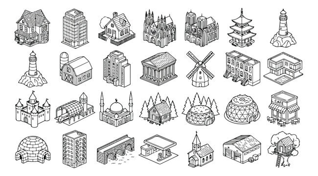 Isometric building icons set, 28 black and white line art architectural vector elements, global landmarks and residential house illustrations for maps