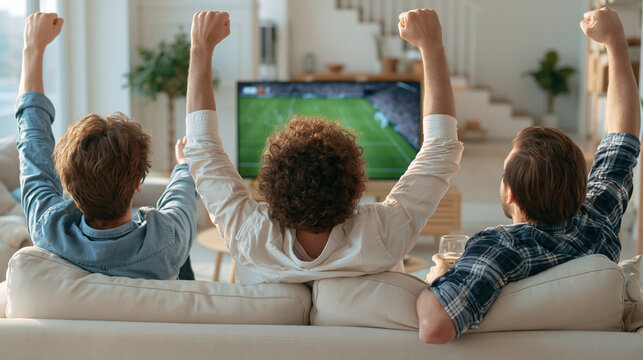 Sports Fanaticism at Home: Three friends cheer ecstatically from their couch, watching a football match on television, their arms raised in triumph and excitement, immersed in the thrill of the game.