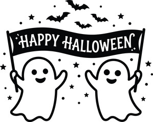 Fototapeta premium Happy halloween silhouette graphic with ghosts bats and stars