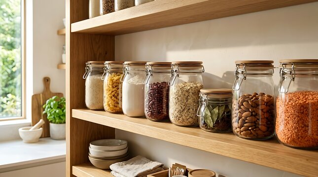 Glass storage jars with bamboo lids arranged on a wooden kitchen shelf. kitchen shortcuts