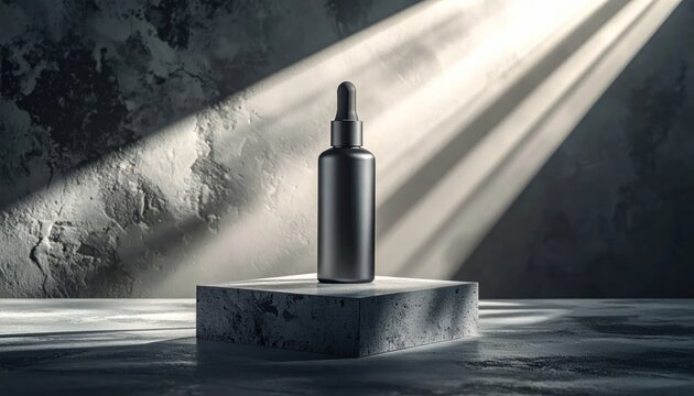 Matte Black Dropper Bottle Standing on Stone Pedestal in Dramatic Light