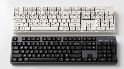 Modern mechanical keyboard set in black and white colors, MEC-01 Pro full-sized design with number pad and function keys, minimalist computer hardware equipment for office work and gaming mockup © Itx Musa