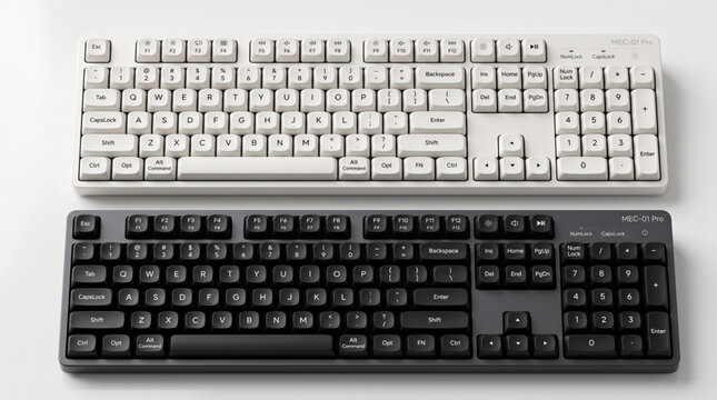 Modern mechanical keyboard set in black and white colors, MEC-01 Pro full-sized design with number pad and function keys, minimalist computer hardware equipment for office work and gaming mockup