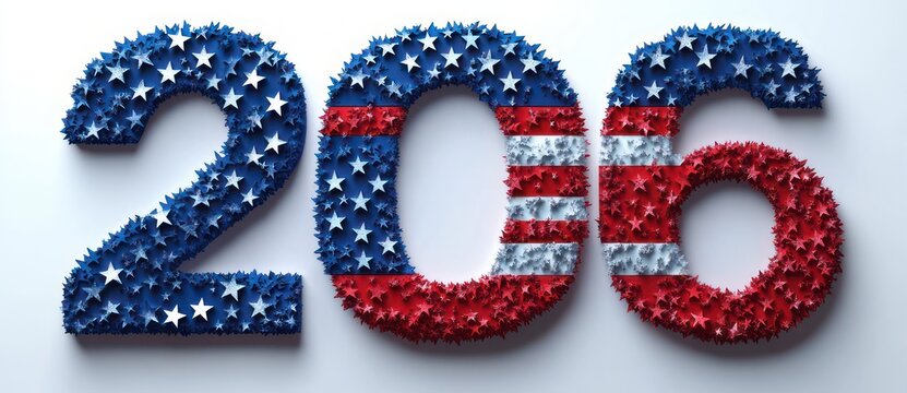 large three-dimensional numbers 206 composed of clustered blue and red star shapes with white stripe accents, conveying a patriotic and celebratory mood