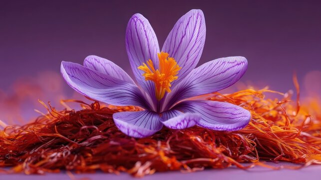 Close-up of a single purple saffron crocus flower with bright orange stigmas resting on a pile of red saffron threads, delicate and vibrant