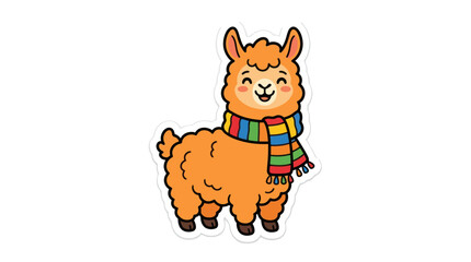 Cute orange llama with colorful scarf sticker. © Satria