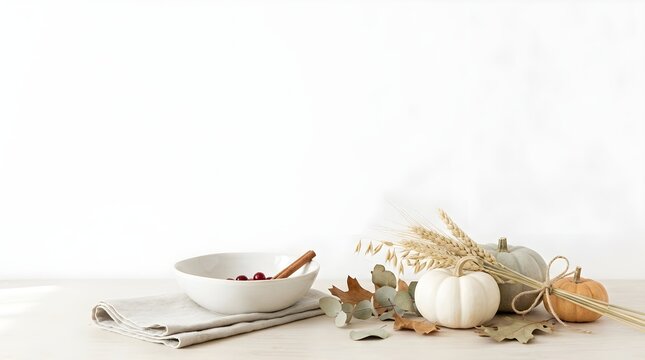 Autumn Thanksgiving Background with White Pumpkins, Wheat and Copy Space