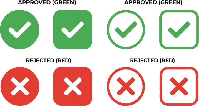 Set of approved green checkmarks and rejected red cross icons for status validation with checkmark, approved