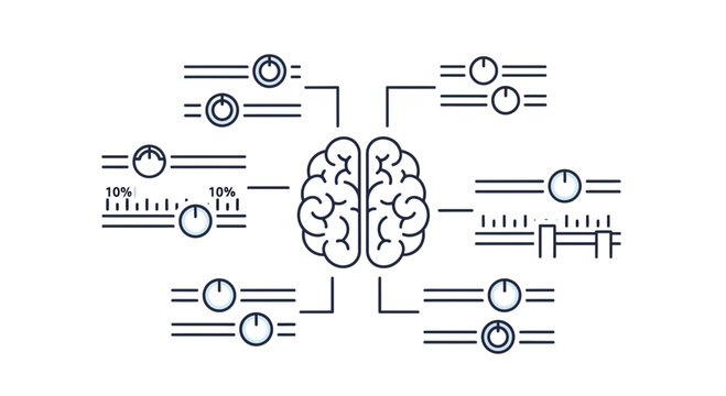 Brain with control knobs and sliders, representing AI, machine learning, and decision making