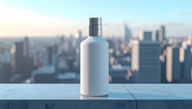 Minimal White Bottle Standing on Rooftop Ledge Against Blurred Modern City Skyline