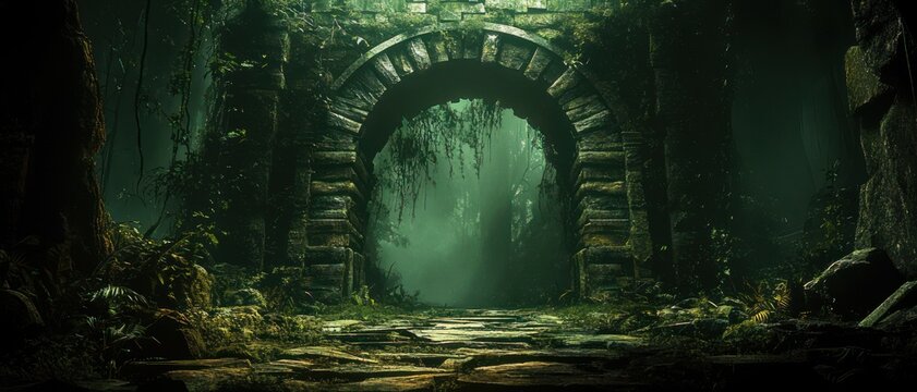 Moss-covered ancient stone arch and ruined flagstone pathway in a foggy overgrown forest, hanging vines and dim green light creating a mysterious, haunting atmosphere