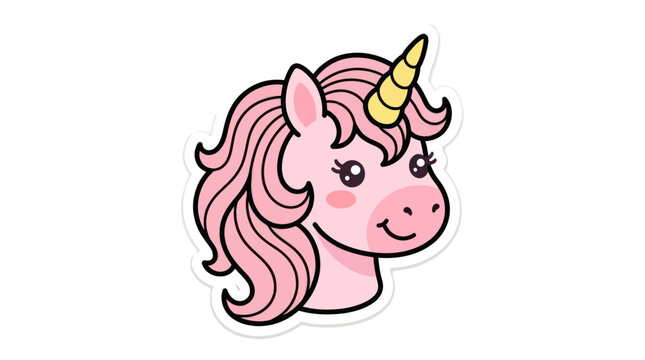 Kawaii pink unicorn head graphic with golden horn.