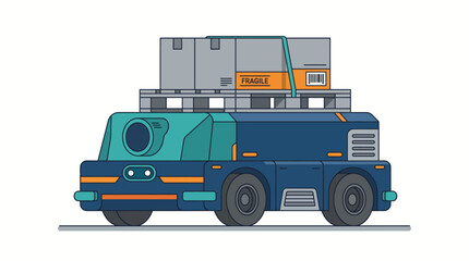Obraz premium Autonomous mobile robot vehicle carrying heavy industrial cargo on pallet with autonomous logistics warehouse