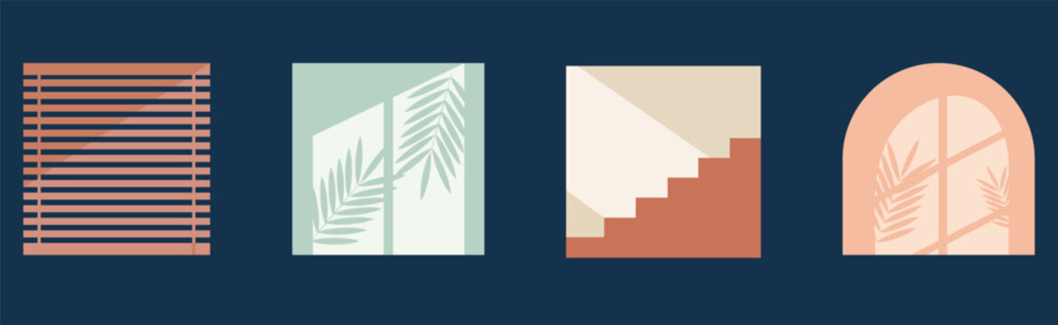 Minimalist boho vector background illustration with window shadow, stairs, blinds and palm leaf silhouette