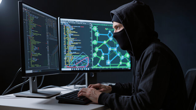 Close up , a hacker in black costume and black hood working with computers in the dark room , cyber crime image.