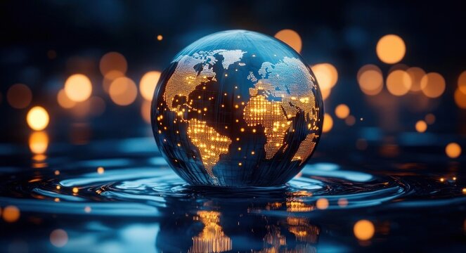 Glowing glass globe with illuminated world map resting on rippling water, warm golden bokeh lights and reflections evoking a serene, futuristic sense of global connectivity