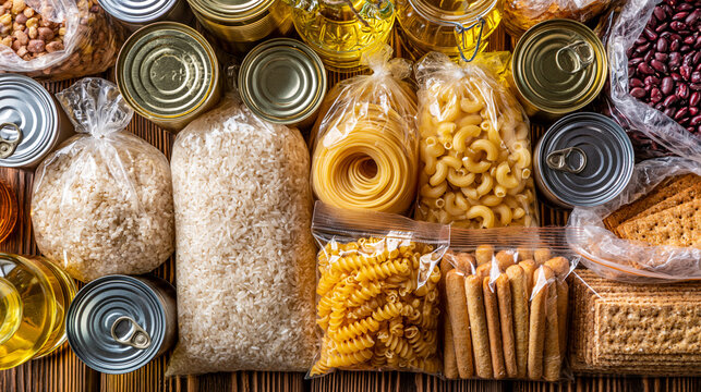 Pantry Essentials: A rich assortment of non-perishable food items, including canned goods, pasta, rice, and beans, neatly arranged to showcase a well-stocked pantry and essential provisions.