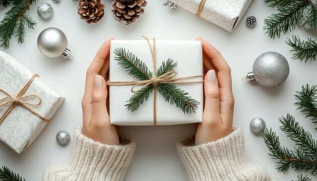 hands in a cozy sweater holding a small white gift wrapped with twine and a pine sprig, surrounded by silver ornaments, pine cones and evergreen branches, evoking warm festive anticipation
