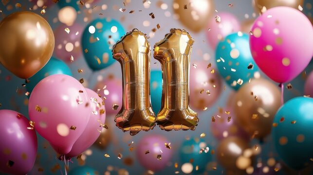 Festive scene with two gold foil number eleven balloons surrounded by pink, teal and bronze balloons, falling confetti and soft bokeh lighting conveying joyful celebration