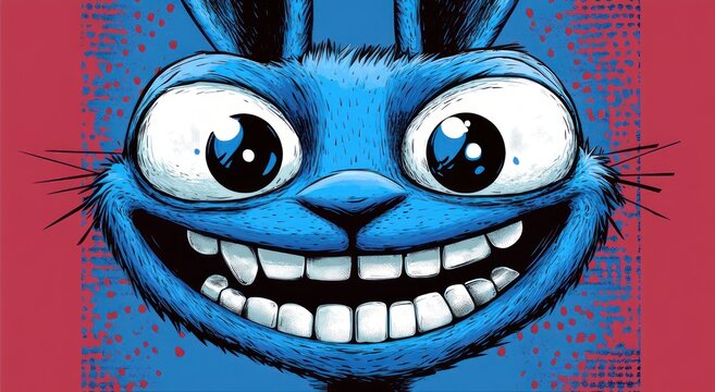 close-up of a grinning blue cartoon rabbit with wide glossy eyes, big toothy smile, whiskers and upright ears against a red splattered background, playful and slightly mischievous