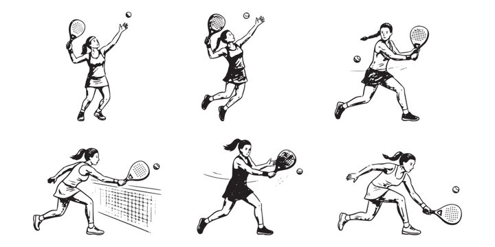 Hand drawn female padel tennis player action pose motion sequence vector set