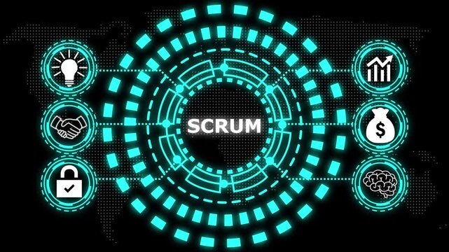 A glowing cyan circular diagram with the word scrum in the center and six surrounding icons representing business concepts.