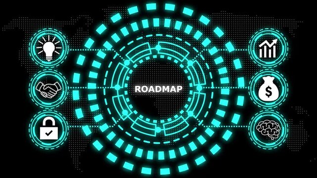 A glowing cyan circular diagram with the word roadmap in the center and six surrounding icons representing business concepts.