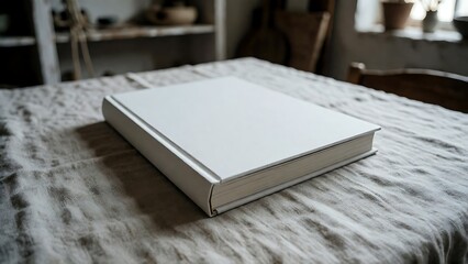 Fototapeta premium Blank Hardcover Book Mockup on Textured Linen Tablecloth for Professional Design Presentation in Minimalist Rustic Interior Setting with Soft Natural Lighting for Creative Branding Projects