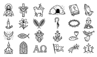 Obraz premium Jesus Christ and Easter Faith Symbols Hand Drawn Doodle Vector Icon Set