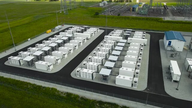 Modern battery energy storage system plant with container modules for grid scale power, an innovative solution for storing renewable and sustainable electricity near a high voltage substation